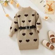 Long Sleeves Dresses Children's Clothing Shein Baby Girls' Cute Heart Pattern Knitted Long Sleeve Dress, Autumn/Winter