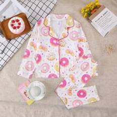 M Night Garments Shein Young Girl Adorable Donut Print Long Sleeve Sleepwear Set