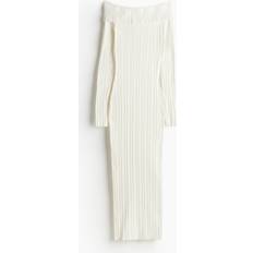 H&M Women Dresses H&M Rib-Knit Off-the-Shoulder Dress White