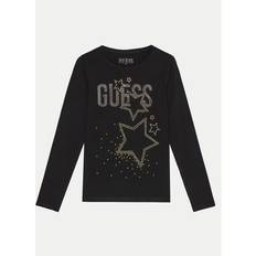 Bluse e Tuniche Guess T-shirt nera cotone stretch a maniche lunghe con logo strass