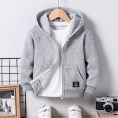 Elastane Hoodies Children's Clothing Shein Tween Boy Solid Color Letter Graphic ZipUp Hoodie Sweatshirt With Pockets Warm Lining