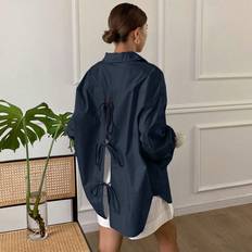 Shein Damen lässige Bluse mit Langarm, weiter Passform, Kragen, offenem Rücken und Schleifen-Krawatte