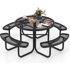 Costway 45 Inches Outdoor Round Picnic Table and Bench Set with Umbrella Hole - Black