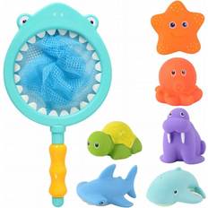 OMP Goomp Badleksak, badleksaker småbarn badkar leksak fiske flytande djur sprutar leksaker spel lekset med fiskenät, fisknät spel i badkar badrum pool för bebisar småbarn och barn