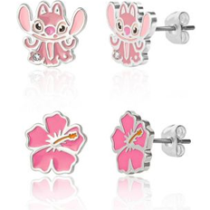 Earrings Disney lilo and stitch silver plated angel & flower stud earring set Pink