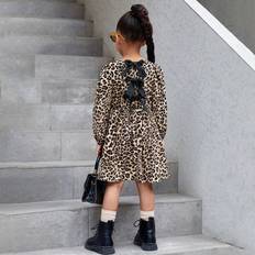 Leopard Children's Clothing Shein Long Sleeve Leopard Print Dress With Bow Decor On Back Suitable For Young Girls Casual Daily Wear In AutumnWinter