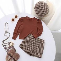 Brown Other Sets Shein pcs Baby Girl AutumnWinter Cute Coffee Knitted Top Houndstooth Print Shorts Hat Set