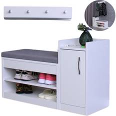 White Bench With Coat Stand & Shelf Combo - Grey Shoe Rack