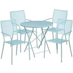 Bistro Sets Flash Furniture CO-30RDF-02CHR4-SKY-GG 30" Round Sky Blue Indoor-Outdoor Folding Patio Table with 4 Square Back Chairs Bistro Set