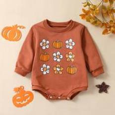 M Bodysuits Shein Baby Boy Pumpkin Print Long Sleeve Baby Bodysuit, Autumn/Winter Holiday Style Outfit Fit For 0-2 Years Old, For Halloween Party