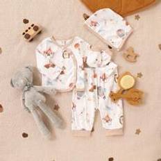 1-3M Other Sets Shein 5pcs/Set Baby Boys Blue Floral Print Casual Outfits With Long Sleeve Tee, Pants, Hat, Mittens, Spring/Autumn