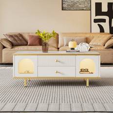 Gold Coffee Tables Abrihome White With 2 Doors & 2 Drawers, 16-Colour Led Lights, With Pattern & High Gloss Top, Golden Metal Coffee Table