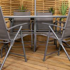 Samuel Alexander Outdoor 6 Glass Top Table Chairs with Parasol in Grey Patio Dining Set
