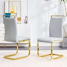 Hokku Designs Modern Dining 19.05" H x 16.98" D High Back Upholstered Side w/ C-Shaped Tube Metal Legs Gray/Yellow Faux Leather Gold/Light Gray Kitchen Chair