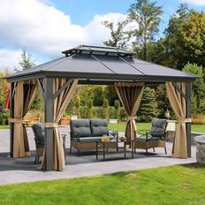 Pavilions YitaHome 10x12 FT Gazebo Hard-Top Double Roof Canopy Outdoor with Netting and Shaded Curtains - Brown