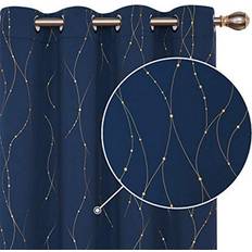 Gold Dotted Line Foil Printed Blackout Curtains 46 x 72 in - Navy Blue