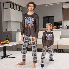 Brown Pyjamases Children's Clothing Shein pcs Boys Simple Classic Brown Plaid Pants Cute Koala Print Long Sleeve Top Pajamas Set