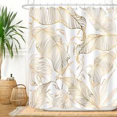 Bathroom Accessories ZXMBF White Gold Palm Leaves Shower Curtain 72L x 60W 12pcs Hooks