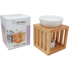 Sensoli Cube Oil Burner Solid Wood With White Ceramic Bowl Tealight Candle Holder