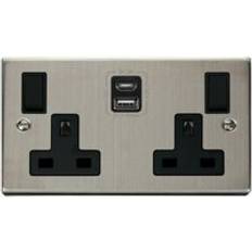 USB Outlet Electrical Outlets & Switches SE Home Stainless Steel 2 Gang 13A Type a & c usb Twin Double Switched Plug Socket Black Trim