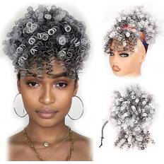 Ponytails Drawstring Ponytail Afro Puff Kinky Curly Hair Extension with Bangs Grey