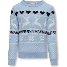 Kashmir Stickade tröjor Barnkläder Kids Only Cashmere Blue Blue Merry Xmas Knit Blus 110-116