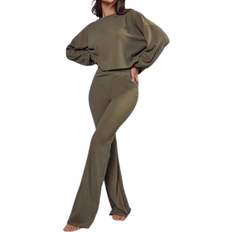 Green - Women Jumpsuits & Overalls Misspap Ribbed Boxy Long Sleeve Top & Wide Leg Lounge Set - Khaki