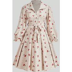 Corduroy Dresses Shein Greathe Plus Cherry Blossom Printed Long Sleeve Corduroy Collared ButtonUp Cinched Waist ALine Midi Dress For Casual Wear