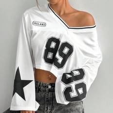 Adult - Polyester T-shirts Shein Casual Number Star Print Mesh Patchwork Long Sleeve TShirt