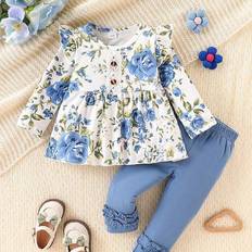 6-9M Other Sets Shein pcsSet Baby Girl Floral Print Long Sleeve Top Solid Color Ruffle Hem Pants