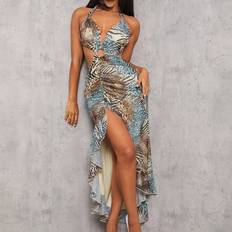 Shein Hollow Out Random Printed High Slit Ruffle Hem Dress