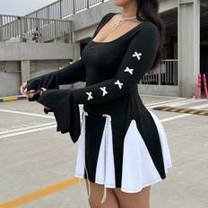 Dresses Shein Greathe Black White Contrast Color Ruffle Hem Retro Flare Sleeve Bow Tie Waist ALine Princess Dress