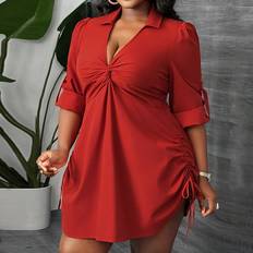 Clothing Shein Elegant Everyday Commute Party Date Sexy Fitted Solid Rust Red Long Sleeve VNeck Twisted Front Drawstring Waist Plus Mini Shirt Dress For Wom