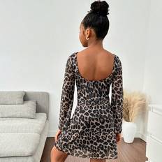 Leopard Dresses Children's Clothing Shein Tween Girls Autumn Leopard Print Mesh And Elegant Backless Mesh Dress With Flare Sleeves