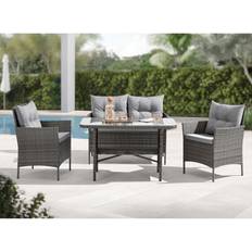 EVRE Mixed Grey Florence Garden Rattan Furniture 4 Piece Sofa Chair Outdoor Wicker Glass Top Table With Cushions - One Size Patio Dining Set