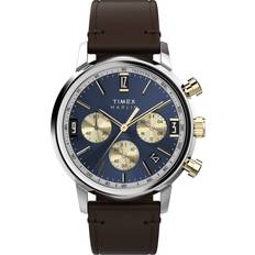 Timex Watches Timex Marlin Quartz Chrono 40mm Blue Dial Brown Leather Watch