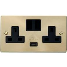 Black Electrical Outlets SE Home Satin Brushed Brass 2 Gang 13A 1 USB Twin Double Switched Plug Socket Gold One Size