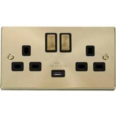 SE Home Satin Brushed Brass 2 Gang 13A DP Ingot 1 USB Twin Double Switched Plug Socket Gold One Size