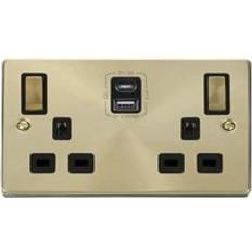 Gold plug sockets SE Home Satin Brushed Brass 2 Gang 13A DP Ingot Type A & C USB Twin Double Switched Plug Socket Gold One Size