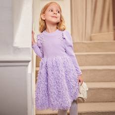 Purple Dresses Shein Young Girl Purple Beaded Shoulder Tulle Princess Dress Soft Fleece Patchwork Elegant Party Dress For Birthday Wedding