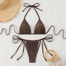 Brun Bikinisæt Shein Summer Beach Glitter Triangle Tie Side Brown Bikini