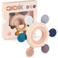 AKO Teething Toys for Baby, Baby teether, Silicone Teething for Babies 0-6 6-12 Months, BPA-Free with Wooden Ring Silicone Chewable Teether