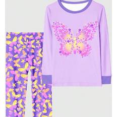 Cheap Pyjamases Shein Tween Girl Purple Butterfly Print Snug Fit Long Sleeve Pajama Set