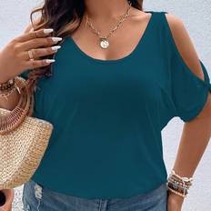 Shein Damen Große Größen Sommer T-Shirt mit offenem Schulterbereich und Kurzarm im Unifarben Look, Lässig