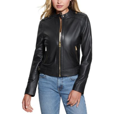 Guess Women Clothing Guess Women's Quilted-Shoulder Leather Moto Coat Jet Black