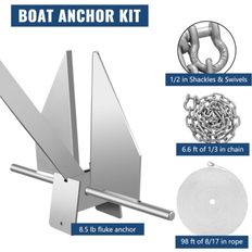 Hélices VEVOR Boat Anchor Kit 8.5 lb Fluke Style Anchor, Hot Dipped Galvanized Steel Fluke Anchor, Marine Anchor with Anchor, Rope, Shackles, Chain for Boat M