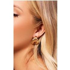 Gold Chunky Ribbed Abstract Hoop Stud Earrings One Size