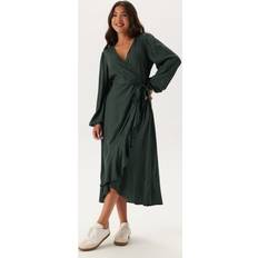 Puff Sleeve Wrap Dress - Dusty Green/Patterned