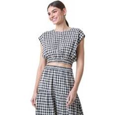 Checkered Blouses Roman Gingham Check Print Textured Top Black