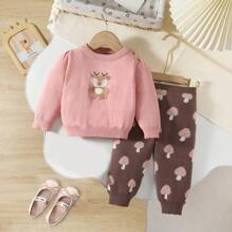 18-24M Other Sets Shein 2pcs Baby Girls Jacquard Knit Sweater And Pant Set, Round Neck Long Sleeve Pullover And Warm Casual Outfit, Comfortable And Fashionable For Autumn Winter